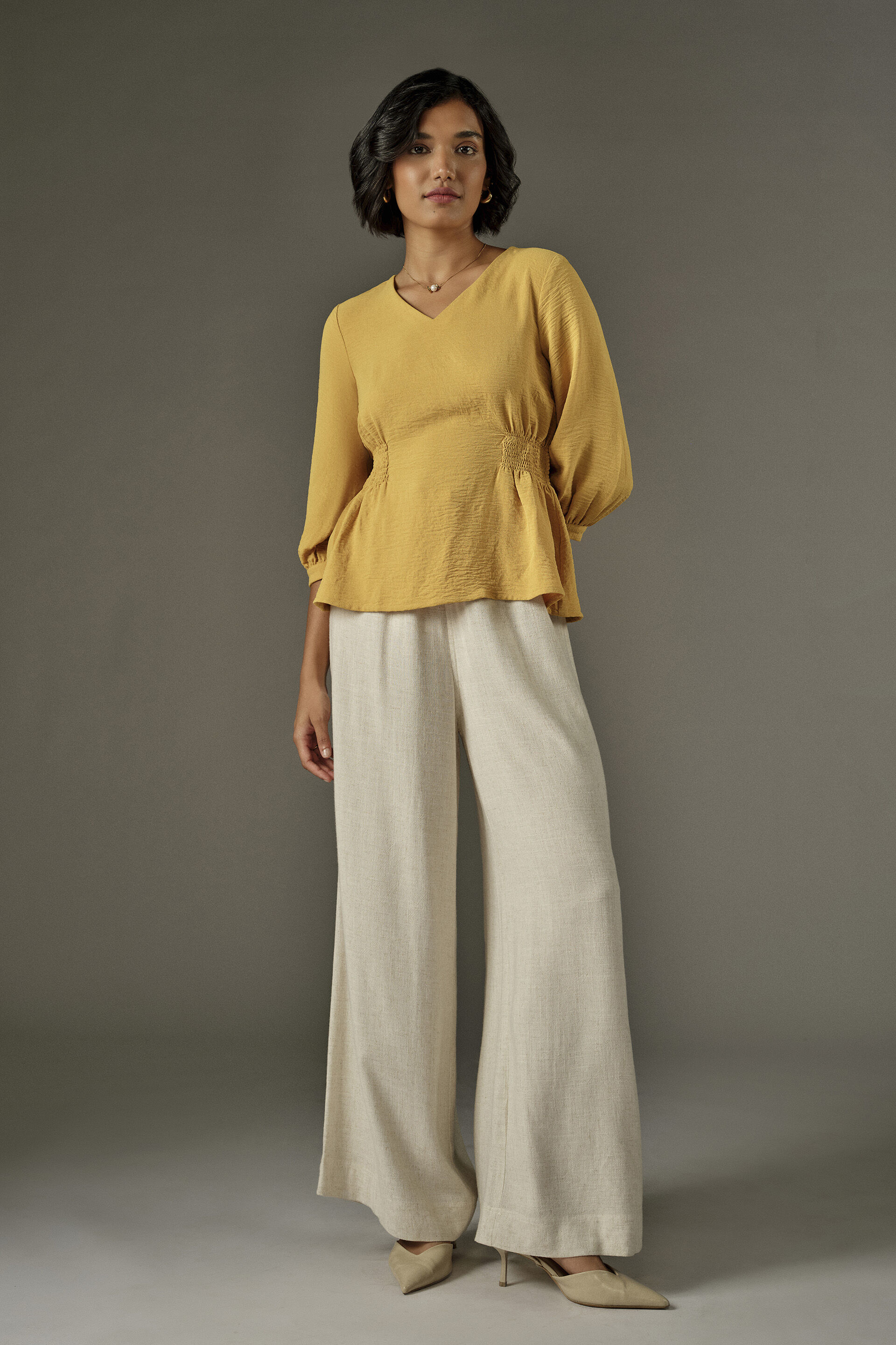 Side Smocked Top in Mustard, Mustard, image 2